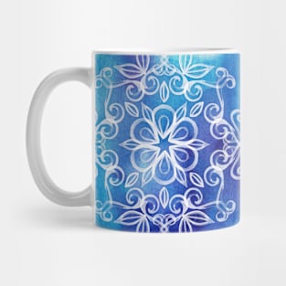 White Floral Painted Pattern on Blue Watercolor Mug